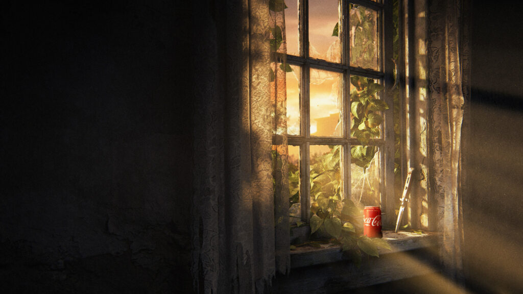 A can of Coca-Cola on a window sill in an abandoned house