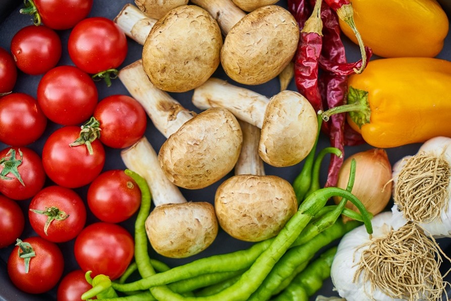Overhead view of colourful vegetables